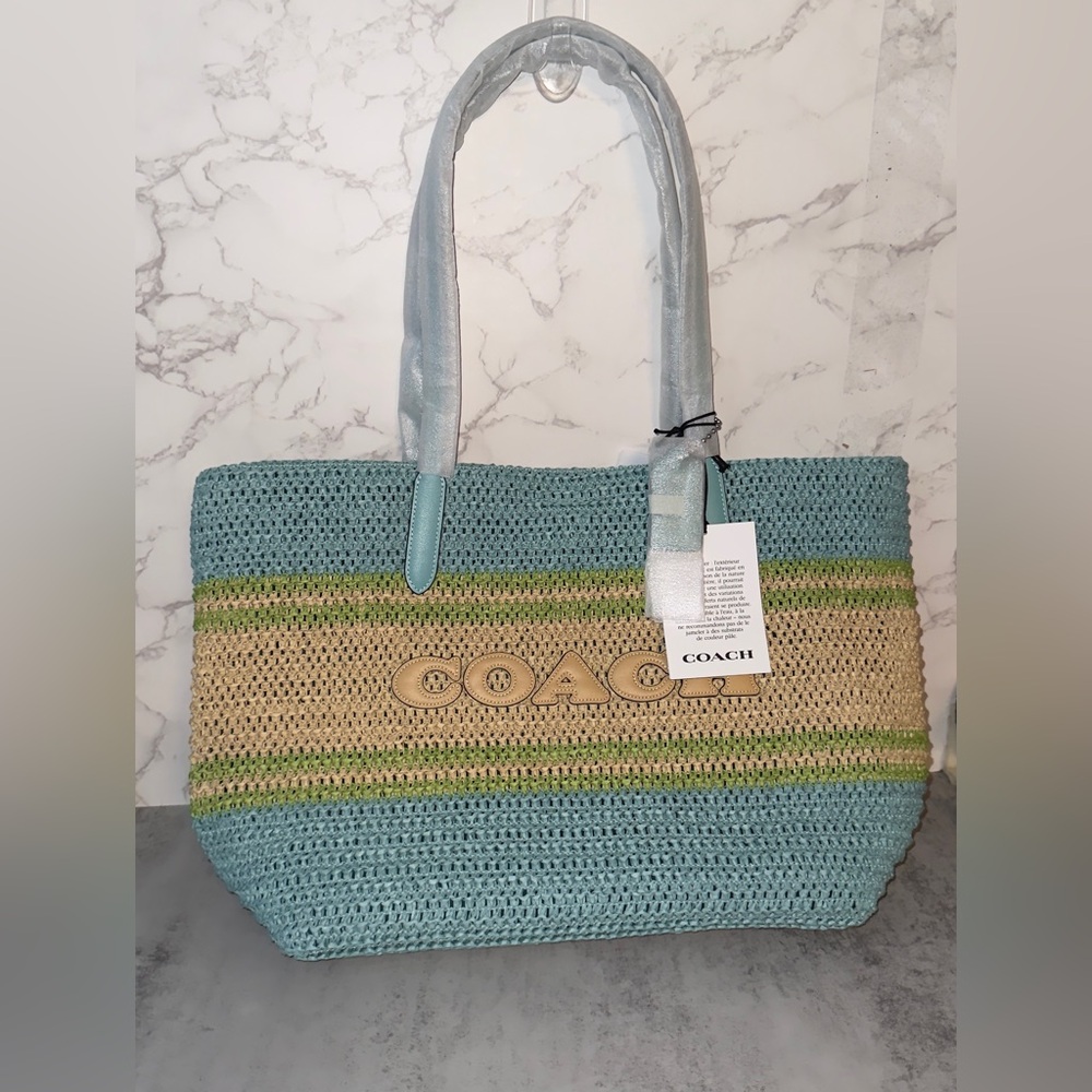 NWT COACH Straw and smooth leather City Tote Bag CBG87 Turquoise Blue